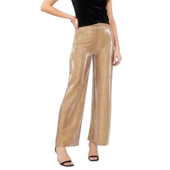 CeCe Metallic Gold Straight-Leg High Rise Glitter Sparkle Zip Trouser Pants S - Picture 2 of 10